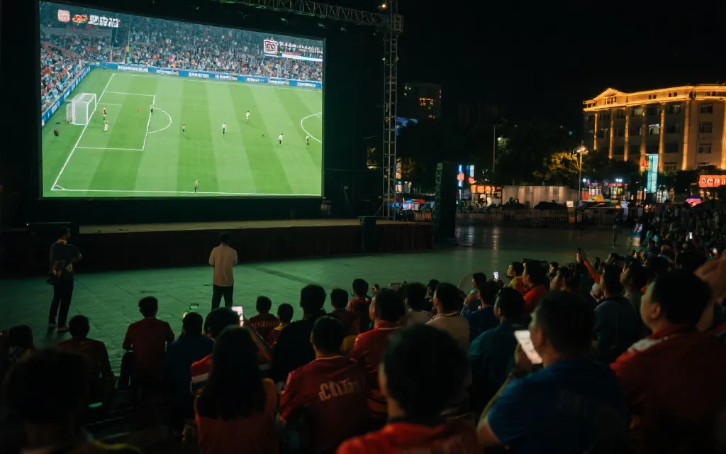 球迷在大屏幕前观看世界杯预选赛的热闹场景