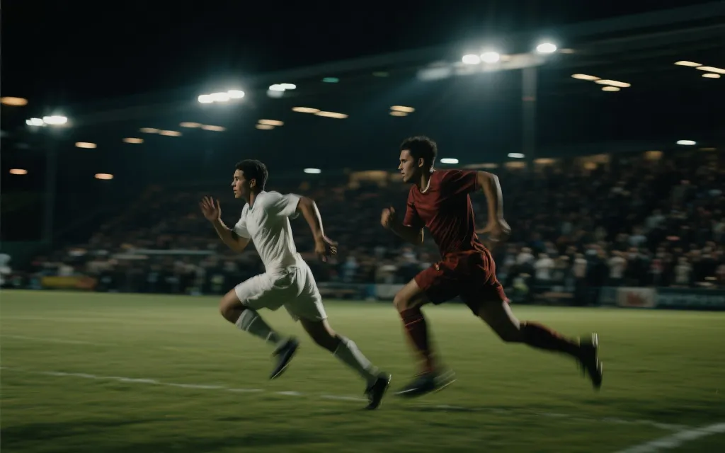 夜间球场中两队对抗冲刺的画面，强调体能消耗与赛程密集感
