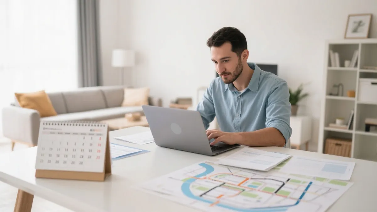 房东在笔记本电脑前做短租定价与赛程规划的工作场景